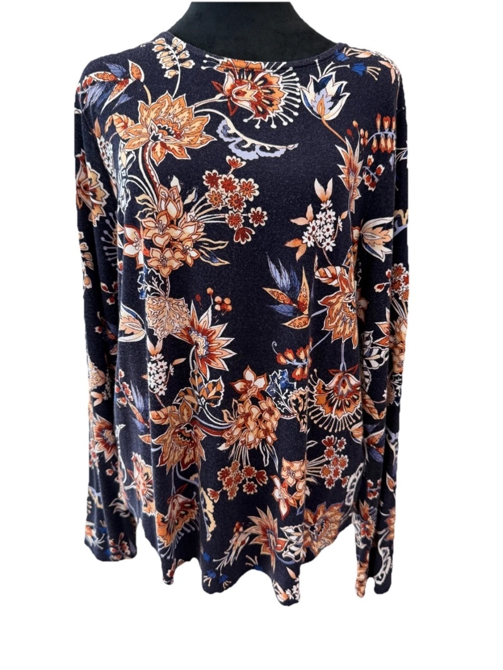 Cupio ladies long‎ sleeve navy floral stretchy round hem pullover shirt size XL